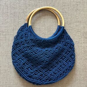 Vintage blue crotchet bag with wooden handles